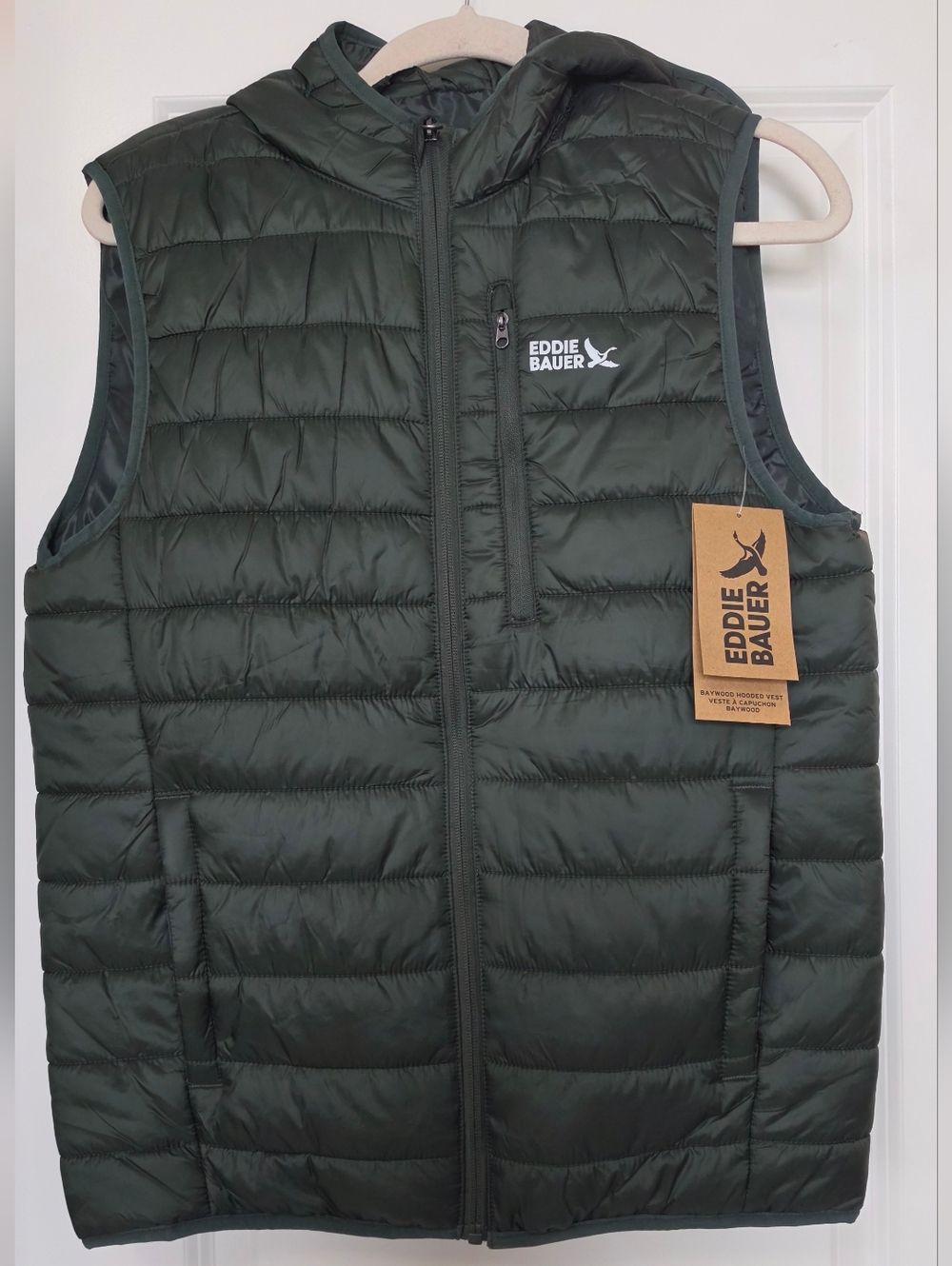 Eddie Bauer Baywood Hooded Puffer Vest Men’s Small Deep  Green NWT Lightweight